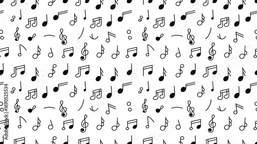 Hand drawn musical notes and symbols seamless pattern isolated on transparent background