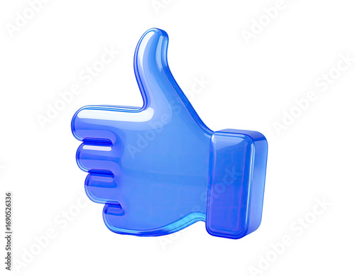 3D rendered, bright blue, glossy thumbs-up