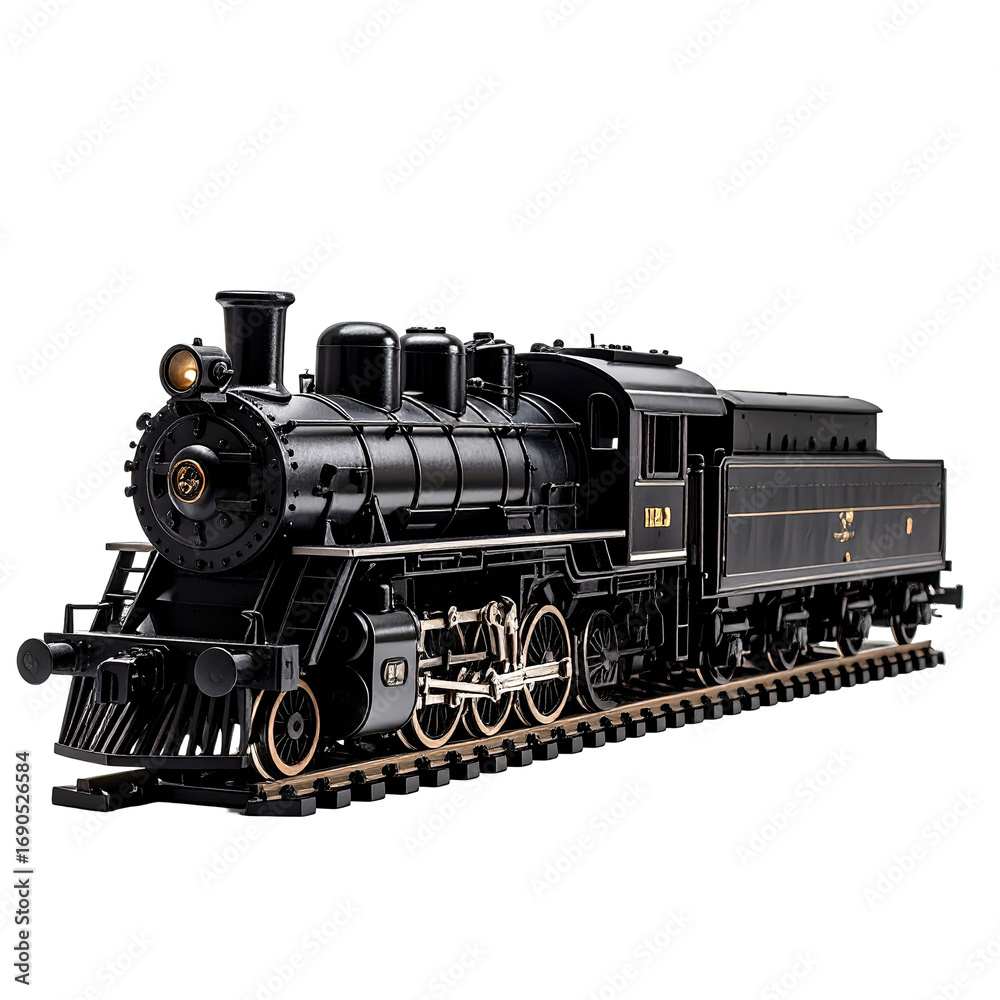 Naklejka premium Detailed black steam train model on tracks
