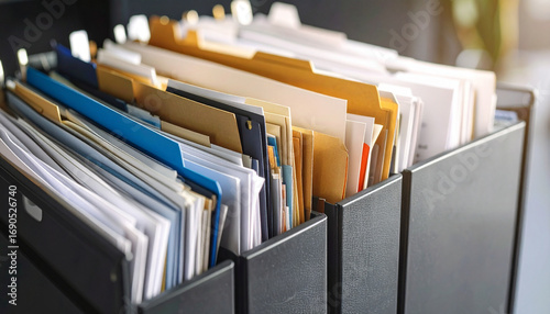 File folders organized in a black container at the office desk