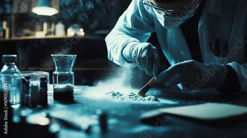 A forensic scientist meticulously dusts for fingerprints using a brush and powder, showcasing an evidence table filled with tools.
