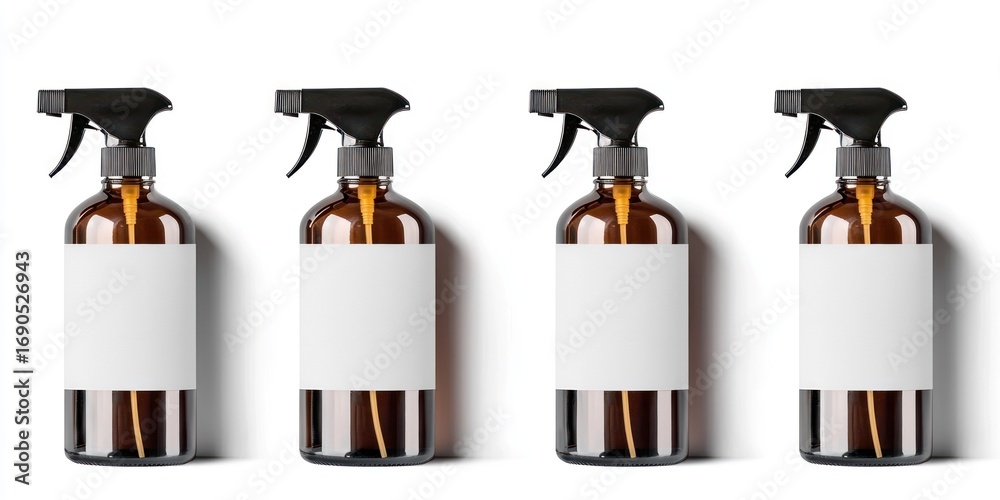 Fototapeta premium Four amber glass spray bottles stand side-by-side against a white wall. Each bottle has a white label, blank for customization. The bottles are tall and slender with black spray nozzles. 