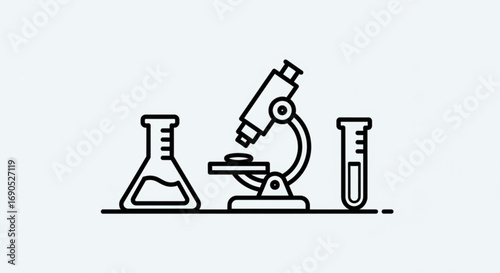 Science lab equipment vector illustration including microscope flask and test tube for laboratory research
