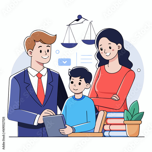 Professional Lawyer Consulting Happy Couple About Family Legal Matters, Legal Advice, Family Law Consultation, Attorney Client Meeting Illustration