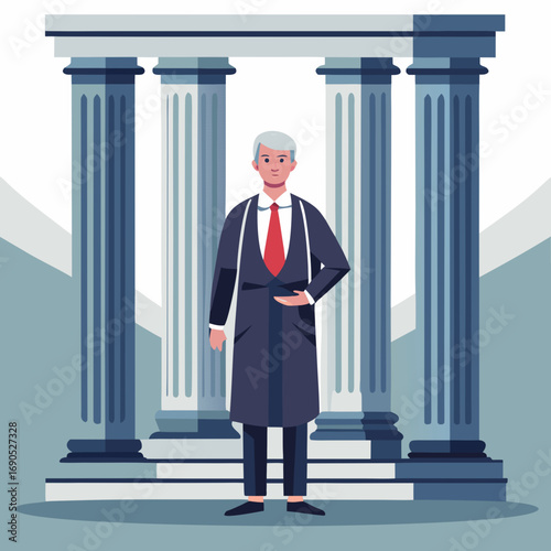Confident Lawyer Standing Inside Courthouse Columns Circle, Justice Symbol, Legal Professional Illustration, Attorney Vector Design, Law Firm Artwork