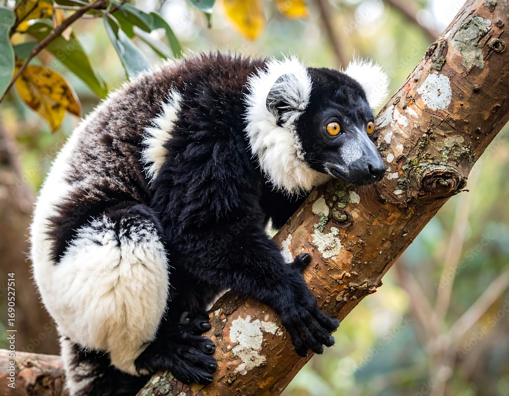 Naklejka premium Black and white lemur perched on a tree branch