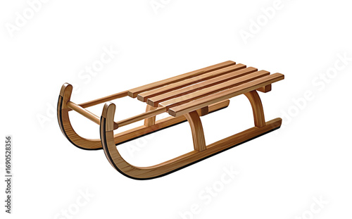 Wooden Sled with Curved Runners and Slatted Seat on White Background sledge timber