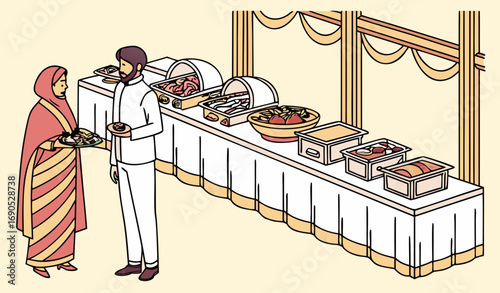 A luxurious Pakistani wedding buffet setup inside a grand banquet hall, with long decorated tables covered in white and golden tablecloths, lined with large silver chafing dishes filled with steaming 