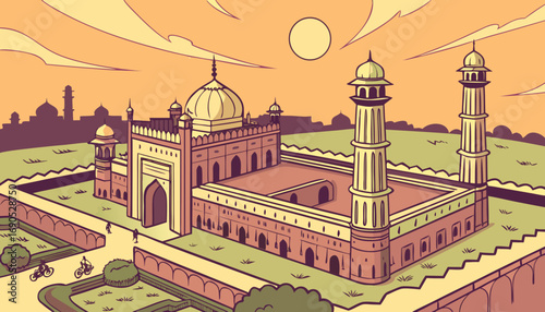 “A breathtaking aerial drone view of the Lahore Shahi Qila (Lahore Fort) during sunset, showing the Badshahi Mosque nearby, Hazuri Bagh pavilion, and surrounding Mughal-era architecture. The scene hig