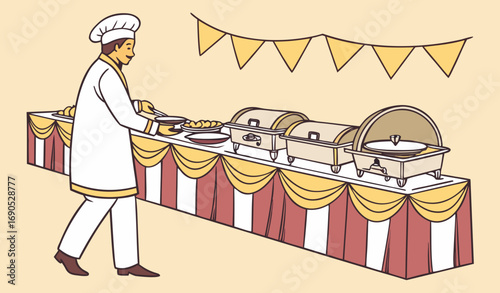 A luxurious Pakistani wedding buffet setup inside a grand banquet hall, with long decorated tables covered in white and golden tablecloths, lined with large silver chafing dishes filled with steaming 