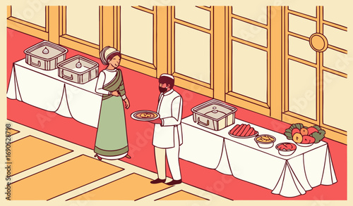 A luxurious Pakistani wedding buffet setup inside a grand banquet hall, with long decorated tables covered in white and golden tablecloths, lined with large silver chafing dishes filled with steaming 