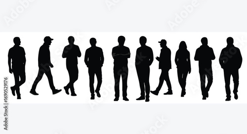 Diverse group of people silhouettes walking together, representing teamwork and community on white background