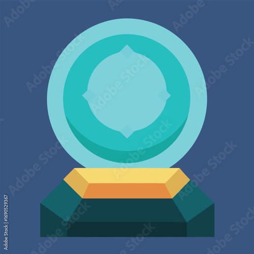 Three dimensional glowing crystal ball icon hovering above a base perfect for mystical or futuristic themes
