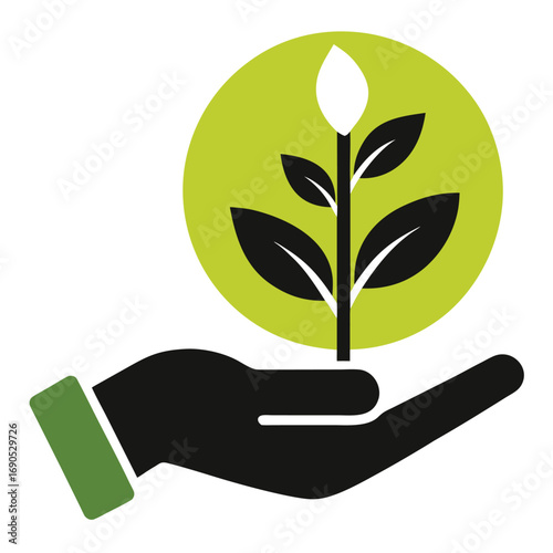 Minimalist glyph icon of a human hand gently nurturing a small green sprout symbolizing growth new beginnings and care