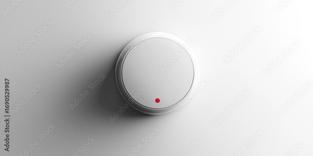 Fototapeta premium A single, circular, white electrical switch is mounted on a stark white wall. A focused beam of light illuminates the switch, creating a bright highlight on its surface 