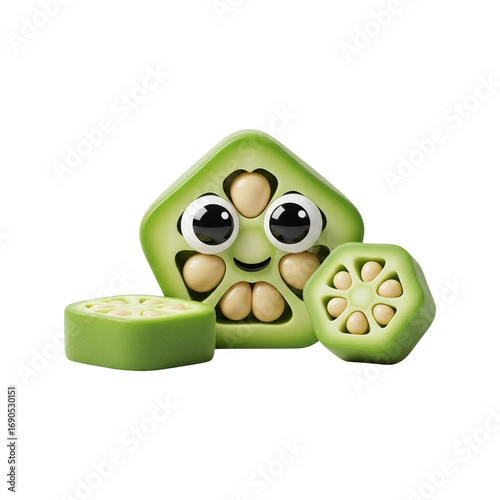 Highly detailed vibrant 3D cartoon illustration of sliced okra in modern family friendly animated style with playful whimsical bright harmonious look