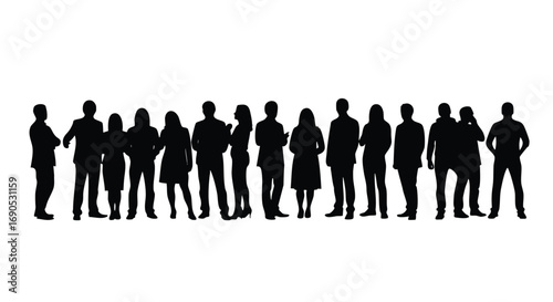 Diverse team of professionals standing together showing unity and company strength in dynamic silhouette formation