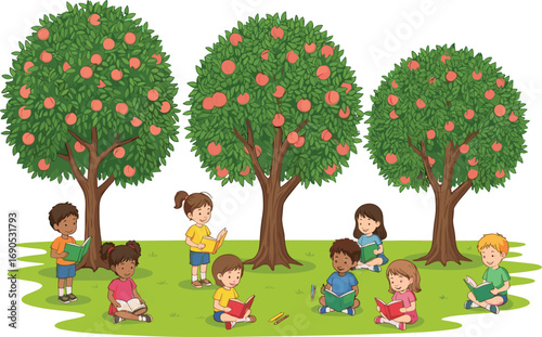 Happy children reading books outdoors, learning under fruit trees, kids studying outside, education, nature, teamwork, fun, diversity, early childhood development