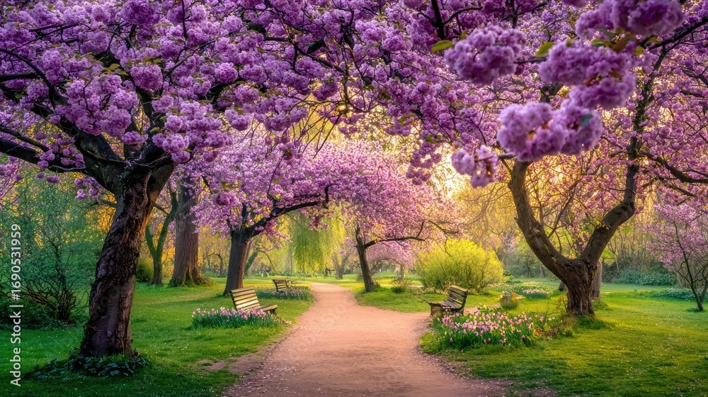 Naklejka premium Spring Park with Blooming Pink Cherry Blossom Trees and Sunlight Filtering Through