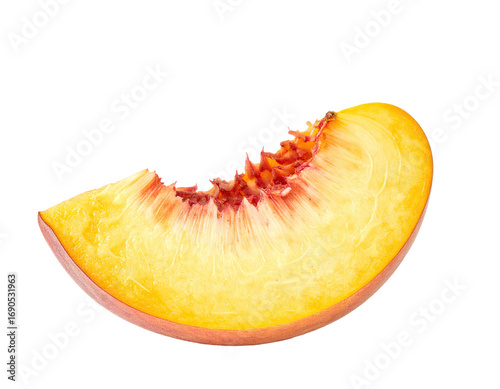 Close-up peach slice, vibrant yellow flesh, pinkish-red skin, juicy