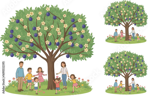 Happy family playing under plum blossom tree, parents and children enjoying outdoor nature, spring garden fun, bonding, joyful childhood moments