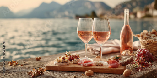 Garda Classico DOC wine, delicate pink rosé in transparent glass, served with antipasti on rustic wooden table, view of Garda lake in background