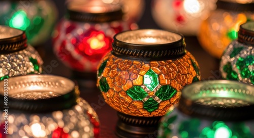 Colorful mosaic candle holders with intricate glass patterns illuminated in warm light