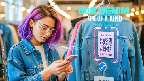 A woman with purple hair uses her phone to interact with a futuristic augmented reality product tag on a vintage jacket in a store