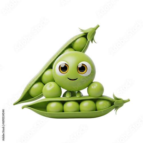 3D cartoon PNG of pea pod with smiling pea, playful whimsical vegetable character design for children’s media, health, or educational content