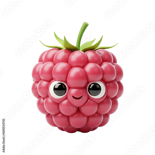 3D cartoon PNG of raspberry with leafy top and smiling face, playful whimsical berry character design for children’s media or snack branding