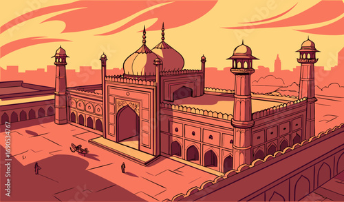 “A breathtaking aerial drone view of the Lahore Shahi Qila (Lahore Fort) during sunset, showing the Badshahi Mosque nearby, Hazuri Bagh pavilion, and surrounding Mughal-era architecture. The scene hig