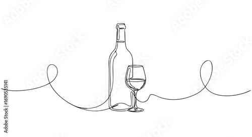Elegant single line art featuring wine bottle and glass perfect for minimalist design projects and sophisticated themes