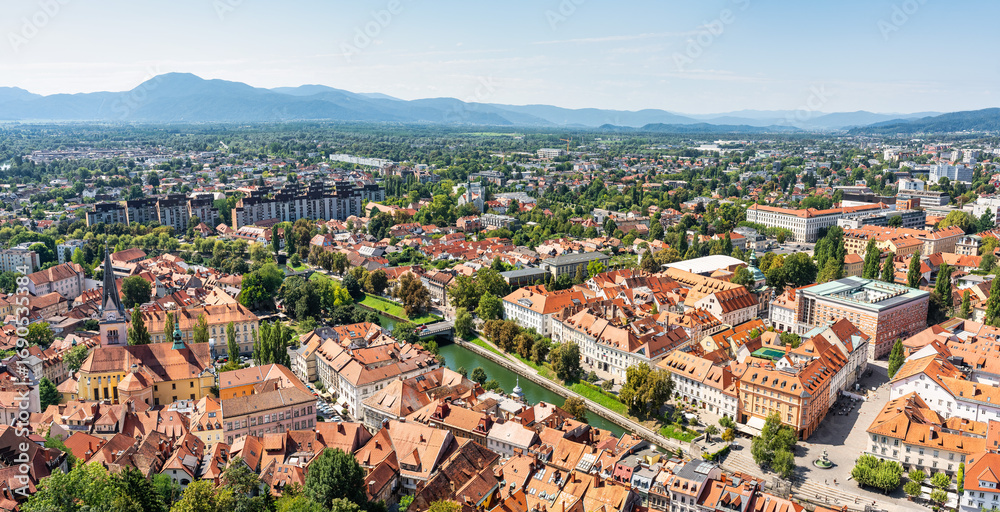 Fototapeta premium Aerial view of the city of Ljubljana from the top of the city's castle hill, Slovenia.