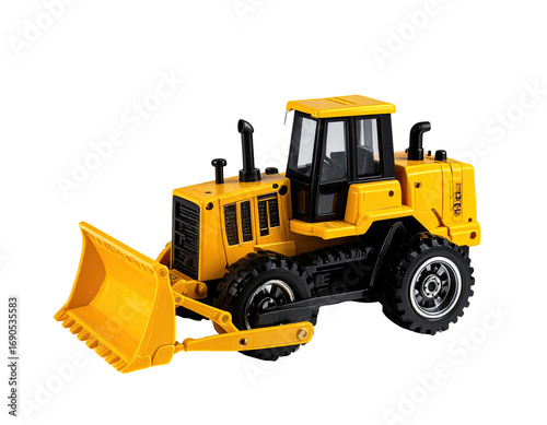 Yellow toy bulldozer, side view