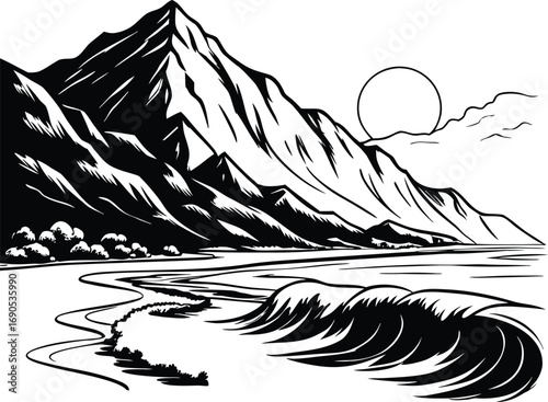 mountain lake scenic landscape, snowy peaks, rocky shore, calm water reflection, black and white illustration, detailed digital art
