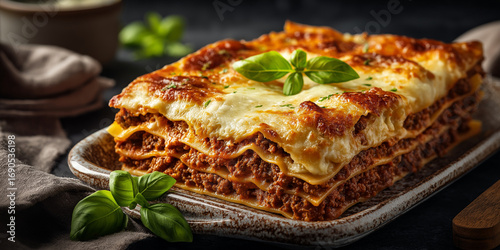Traditional Lasagna alla Bolognese, layered pasta with rich ragu meat sauce, creamy bechamel, golden melted cheese topping, served in rustic baking dish, fresh basil garnish