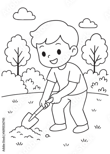 coloring book boy digging a hole with a small spade, preparing soil for planting in a sunny yard.