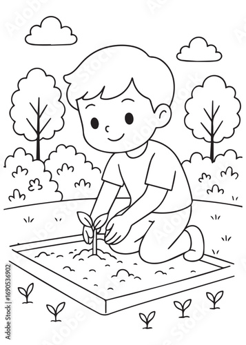 coloring book boy kneeling to plant a seedling in a raised garden bed, carefully tucking roots into soil.