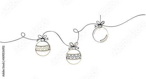 Elegant minimalist line art showcases festive Christmas ornaments with gold details for holiday cheer