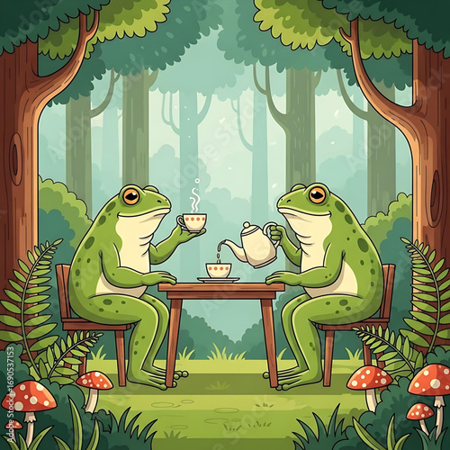 Cheerful Frogs Sharing Morning Tea Vector Illustration