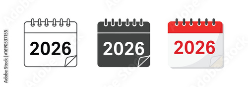Vector art of three different styles of calendar icons showing the year 2026