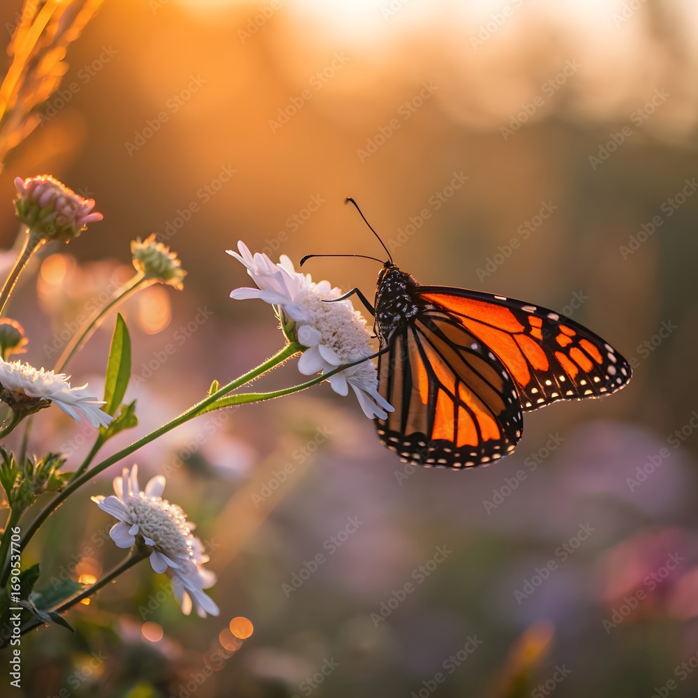 Fototapeta premium Majestic Monarch Butterfly Sips Nectar From Delicate White Flower at Sunset