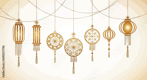 Elegant golden lanterns hanging creating festive Asian atmosphere, ideal for celebrating culture and traditions