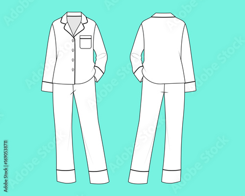 Women's Long Sleeve Sleepwear Button Down Shirt with Long Pant PJs Lounge Set Fashion Flat Sketch CAD Outline.