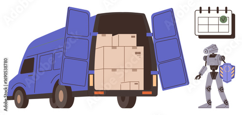 Open van filled with boxes, robot holding a package, and calendar with a check mark. Ideal for automation, logistics, scheduling, e-commerce, robotics technology shipping innovation. Simple flat