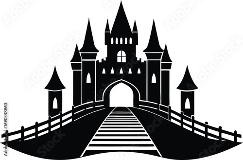 Majestic castle with towers and wooden bridge leading to its grand entrance for fantasy-themed designs
