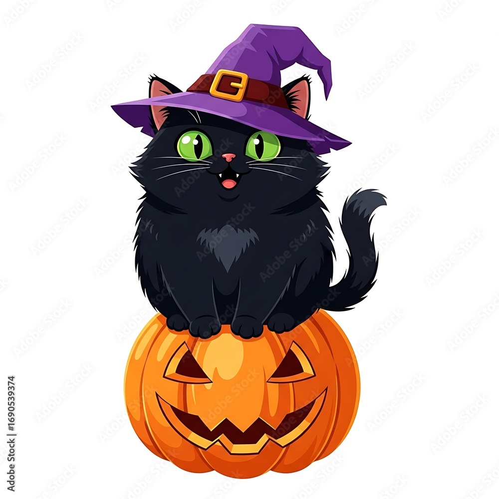 Obraz premium A cute black cat with green eyes sits atop a carved orange pumpkin, wearing a purple witch hat, isolated on white background halloween illustration