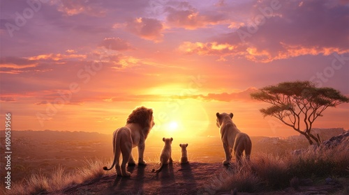 A lion family gazes at a bright sunset from a grassy hill, silhouetted against the vibrant sky with orange, pink, and white hues