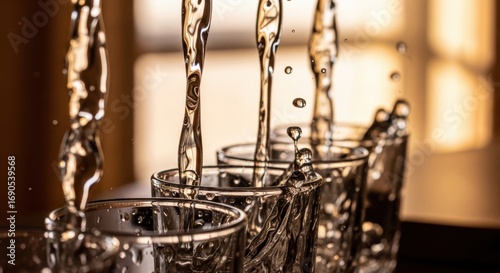 Streams of water filling multiple glasses in warm lighting