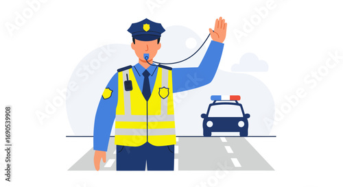 Police officer directing traffic on a highway with a police car in the distance, enforcing law and order with authority and precision.